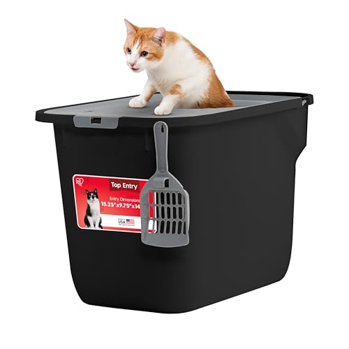 IRIS USA Large Top Entry Cat Litter Box, Hooded Privacy, Black/Gray | Dog-Free Zone, Mess Containment System, Enclosed Top Access, Dog Proof Pan, Reduced Tracking, Odor Trapping - color: Black, size: Top Entry
