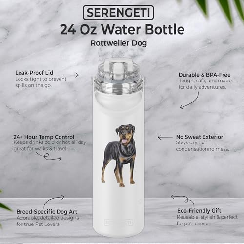SERENGETI 24 Oz Water Bottle Stainless Steel with Spill Proof Lid - Double walled Vacuum Insulated water flask - Realistic 3D Print of your favorite dog (Rottweiler) - color: Rottweiler