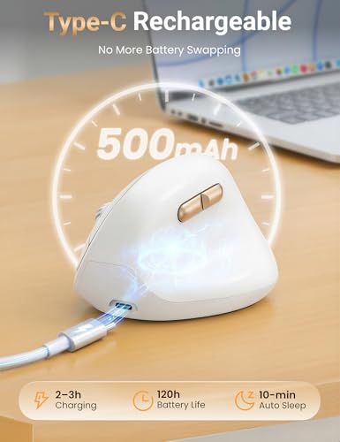 Ergonomic Vertical Wireless Mouse, 57°, Small/Medium Hands, White | Rechargeable, Quiet Click, 800/1200/1600 DPI, 2.4GHz USB Receiver, Forward/Back Buttons, Computer Mouse for Laptop PC Mac - color: White