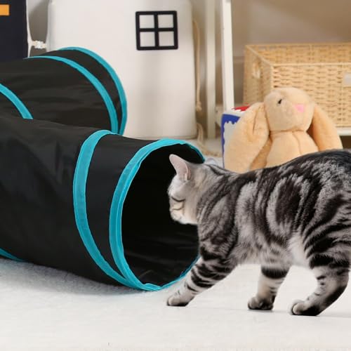 Pet Cat Tunnel, 4-Way Junction Tunnels for Indoor Cats, Collapsible Pet Tunnel for Kitten, Puppy, Rabbit, 25cm-Wide Tunnels, Durable & Breathable, with Peek Hole Toy Ball - color: 4-way Junction Tunnel & Black/Blue