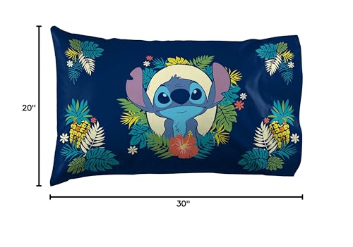 Disney Lilo Stitch Hawaii Cartoon Kids Pillowcase Reversible, Multi | 20 x 30 Inches, Official Product, Soft Microfiber, Double-Sided, Standard Size, Machine Washable, Kids Gift - color: Blue - Lilo & Stitch