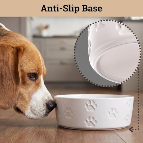 Ceramic Dog Bowl Set of 2 w/ Anti-Skid Base 6.5"W x 2.5"H, 3.8 Cup Capacity | Thick Ceramic, Dishwasher Safe, Anti-Skid Rubber Base, 3.8 Cups per Bowl, Ceramic Food & Water Bowls Set of 2 for Medium Dogs - color: White, size: Medium