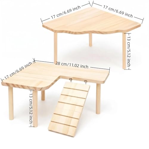 Hamster Platform Set, 2-Piece Wooden Modular Playground & Hide, Cage Accessories for Dwarf Syrian Hamsters, Gerbils, Mice, Degus (Rectangle2+Corner)