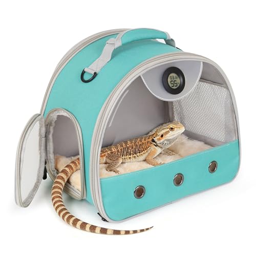 Bearded Dragon Carrier, Reptile Travel Bag with Built-in Thermometer Hygrometer, Breathable Small Animal Carrier with Clear View Window, Portable Guinea Pig Carrier for Gecko, Snake, Hamster - color: Green