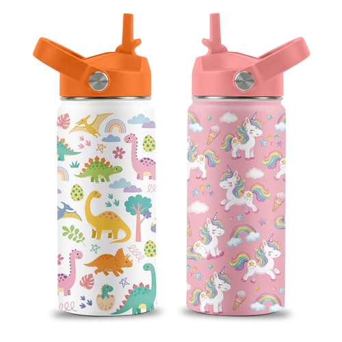 2 Pack 16 oz Water Bottle with Straw Lid, Dinosaur Unicorn Gifts | Stainless Steel Insulated Water Bottles for School Travel Outdoor Sports, Cute Cups Birthday Gifts for Boys Girls - color: Dinosaur and Unicorn