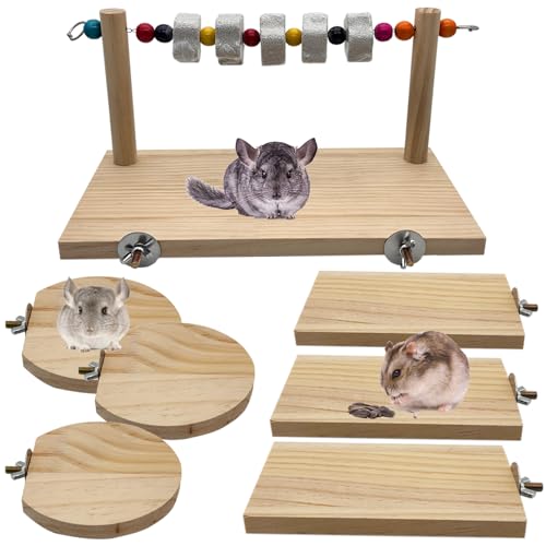 7 Pcs Chinchilla Ledges Wood Sets, Hamster Wooden Stand Platform with Lava Ledge Blocks Chew Toys Small Animal Cage Accessories for Rat Gerbil Guinea Pig Parrot Chipmunk Squirrel Mouse