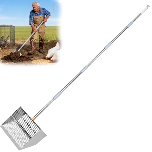 Chicken Coop Poop Scooper - 10" Wide Heavy Duty Metal Chicken Poop Scoop | 32-75" Adjustable 3 Adjustable Angle Sifting Shovel, Professional Poultry Litter Cleaner for Chicken Coop, Duck, Goat & Sand