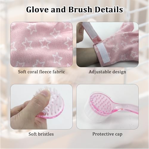 1Pcs Hamster Bite Proof Glove and Grooming Brush Set, Adjustable Hamster Glove, Lid Soft Cleansing Brush Massage Combs, Guinea Pig Brush, Hamster Care Set for Hamsters, Ferrets, Hedgehogs (Pink Stars) - color: Pink Stars