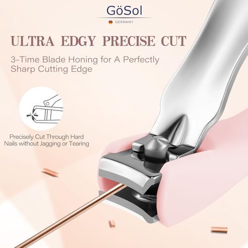 Nail Clippers Anti Splash, Sharp Curved Blades, Detachable Easy Clean Base | Premium Carbon Steel Manicure Tools with Catcher, Ergonomic Anti-Slip Soft Rubber Handle for Precise Trimming - color: Light Pink