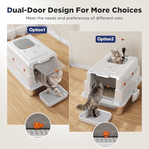 FURTIME XXXL Extra Large Enclosed Stainless Steel Litter Box with Lid | Large Enclosed Cat Litter Box for Big Cats, Metal Cat Box with High Sided Enclosure & Scoop, Silver - color: Silver, size: XXX-Large