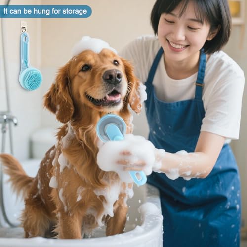 Pet Bath Brush, 2 in 1 Dog Bath Brush with Built-in Shampoo Dispenser, Pet Wash Brush with Double Head Toothbrush, Grooming Massage Brush for Dogs & Cats - color: Blue
