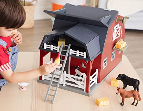Terra by Battat – 20 Pieces Wooden Animal Barn Toy Set – Farm Animals & Play Fence – Pretend Play for Toddlers & 3+ Years – Educational Toys – Farmhouse Playset | Wooden farm toy set with 1 barn, 10 fences, ladder, 4 hay bales, 2 troughs, pulley tray and