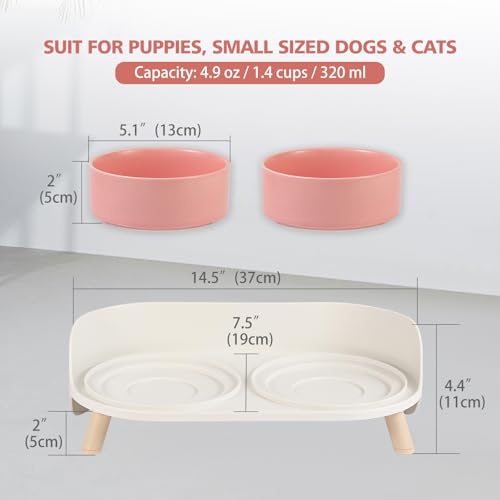 Raised Cat Food and Water Bowl Set - Elevated Ceramic Dishes with Non-Slip Stand and Splash Guard for Small Dogs - 2 x 320 ML (4.9 OZ) - Pink - color: Pink, size: Small