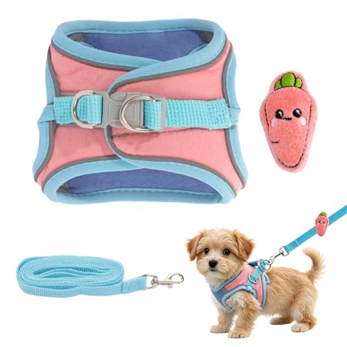 Bunny Harness and Leash Set Double Buckle | Soft Rabbit Harnesses with Carrot | Adjustable Reflective Strips Jacket Escape-Proof Vest for Puppy Guinea Pigs Pet Ferret Walking(Blue-Pink-M) - color: Blue-pink, size: M