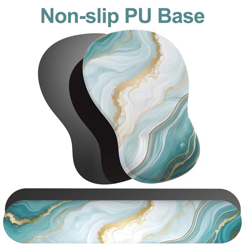 Ergonomic Mouse Pad with Wrist Rest and Keyboard Wrist Rest, Gel Mousepad and Wrist Rest for Computer Keyboard, Pain Relief, Non-Slip PU Base, Mouse Pad Wrist Support for Gaming, Blue Green Marble - color: Cyan Marble