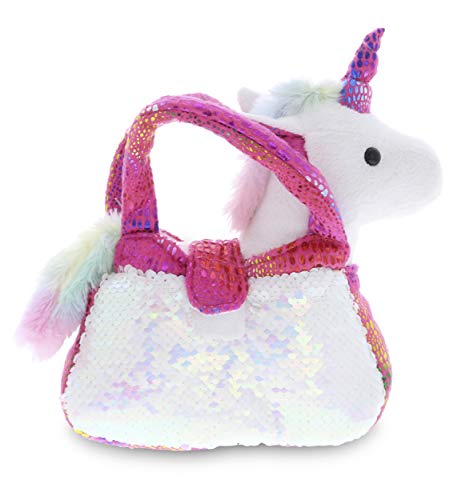 DolliBu Pink Unicorn Plush Reversible Sequin Pet Carrier Handbag, White Sparkle Soft Stuffed Animal Carrier Toy Purse for Little Girls, Cute Toddler Girl's Pretend Play 9 Inch