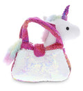 DolliBu Pink Unicorn Plush Reversible Sequin Pet Carrier Handbag, White Sparkle Soft Stuffed Animal Carrier Toy Purse for Little Girls, Cute Toddler Girl's Pretend Play 9 Inch