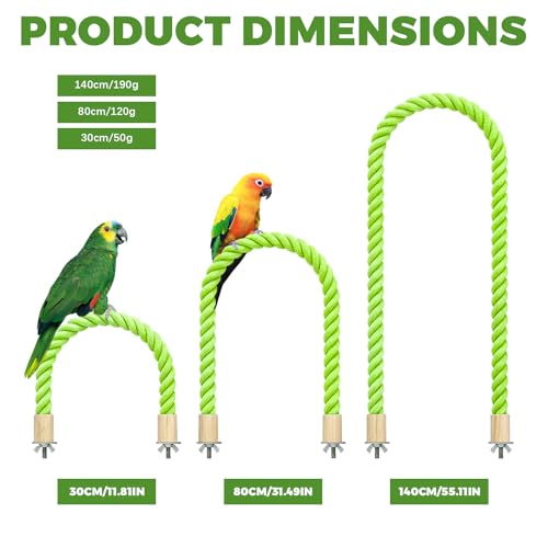 3PCS Bird Rope Perch for Parrots, Bird Cage Climbing Rope Toys Accessories,Bendable Climbing,Perch Swing,Stand Climbing Stand Toy for Cockatiels, Lovebirds, Budgies, Parakeets(11.8" 31.5" 55.1") - color: Green