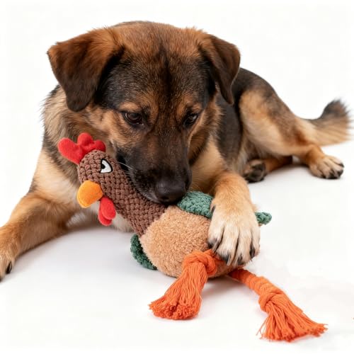 Plush Chicken Dog Toy with Squeaker and Rope Legs for Small Dogs | Soft fabric design with fun sound effects, perfect for tug games, fetching, indoor activities and daily bonding with pets - color: Brown Rooster