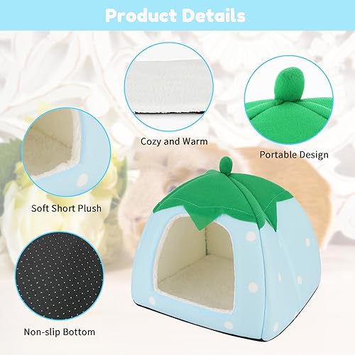 BWOGUE Guinea Pig Bed Hideout, Washable Hamster Cave for Small Animals | Removable Cushion for Cleaning, Warm Fleece Nest, Washable Bed, 10 x 9.8 x 9 in, Dwarf Rabbits Hedgehogs - color: Strawberry Blue