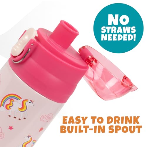 Bentology Stainless Steel 13 oz Unicorn Insulated Water Bottle for Girls – Easy to Use for Kids - Reusable Spill Proof BPA-Free Water Bottle | Double Wall Insulated, Spill Proof Lid W/Built-in Straw- Keep Liquids Hot or Cold- Easily Fits in Lunch Boxes &