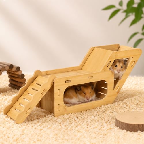 Hamster Hideout,Hamster Platform, Bamboo Hamster Hideout with Double Ramps and Climbing Ladders, Wooden Hamster House, Small Animal Cage Accessories for Dwarf Hamsters, Syrian Hamsters, Gerbils, Mice