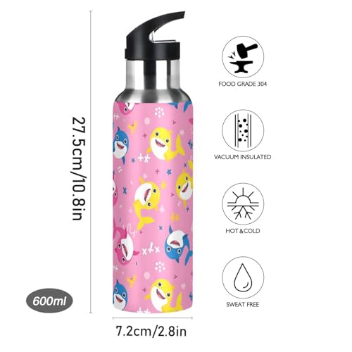 Shark Cartoon Pink Water Bottle Kids Stainless Steel Water Bottle with Straw Lid, Leak Proof Boys Girls Insulated Tumbler Cup for School 20 oz - color: Multi13