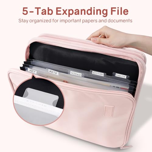 SUNEE Zippered Binder Bag with Handle, 2-Inch 3-Ring O-Ring, 500-Sheet Capacity, Includes Zip Pocket, 5-Tab Expanding File Folder, Multi-Pocket Organizer Binder for Middle School, Pink Lotus - color: Pink Lotus