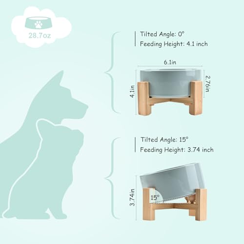 SPUNKYJUNKY 15° Slanted Ceramic Dog and Cat Bowl with Wooden Stand, Tilted Bulldog Food and Water Bowl No Slip Non-Spill for Cats Medium Dogs Big Face Pets 28.7 OZ (3.6 Cups, Morandi Green) - color: Morandi Green, size: 3.6 CUPS × 1