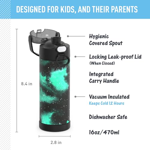 THERMOS FUNTAINER Water Bottle with Spout, 16oz, Galaxy Green | Kids Stainless Steel Insulated Water Bottle, Keeps Drinks Cold Longer for School & Play, BPA-Free - color: Galaxy Green, size: 16 Ounces