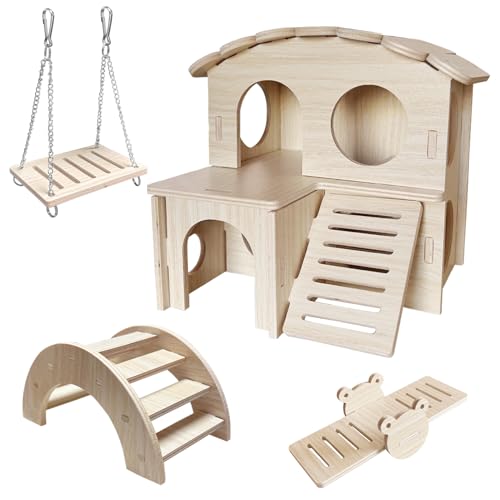 LOS ANDES Hamster Maze Double-Decker Wood House, Seesaw Toy, Bridge and Swing for Dwarf Gerbil Mouse Mice Rat Small Animals(Only for Small Hamsters)