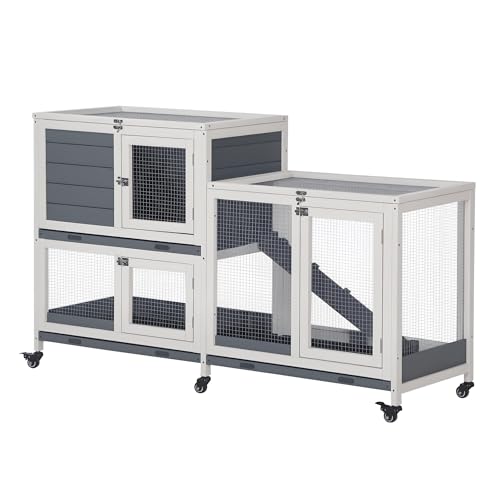 PawHut Wooden Rabbit Hutch Bunny Hutch Elevated Pet House Cage Small Animal Habitat with No Leak Tray Lockable Door Openable Top for Indoor 57.75" x 18" x 32.5" Grey | Elevated Pet House Cage, Small Animal Habitat, No Leak Tray, Lockable Door, Openable To