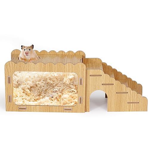 Hamster Digging Box, Small Visible Hamster Digging Room with Acrylic Transparent Board, Hamster Hideout and Exploration House with Climbing Ladder, Hamster Digging Wood Toy for Guinea Syrian Hamsters