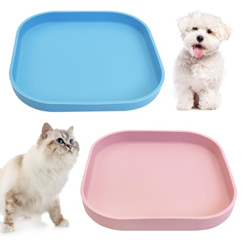 Fhiny 2PCS Silicone Cat Bowls Set 5.9 x 5.9 in Shallow Dog Dish Whisker Friendly Cat Food Plate for Dry & Wet Food Dishwasher Safe Non-Slip Pet Feeding Bowls for Kittens and Puppies (Blue+Pink) - color: Blue+Pink