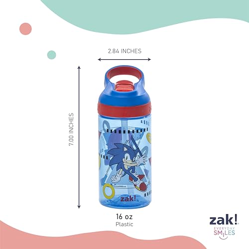 Zak Designs Sonic the Hedgehog Atlantic Kids Water Bottle For School or Travel, 16oz Durable Plastic Water Bottle With Straw, Handle, and Leak-Proof Spout Cover, 2-Pack (Sonic, Knuckles, Tails, Amy) - color: Sonic
