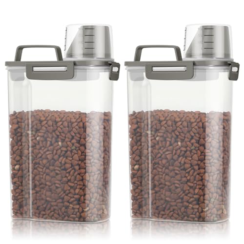 TBMax Small Dog Cat Food Storage Containers 2 Pack, Travel-Friendly Pet Food Container with Spout & Measuring Cup, Kid-Friendly Pet Feeding Dispenser, Portable Dog Treat Bird Seed Container -Grey - color: Dark Grey -2Pcs 3Qt