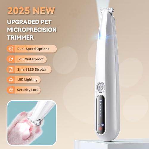 2026 New Pet Precision Trimmer, Dog Paw Trimmer with LED Light, Ultra Quiet | IP68 Waterproof, Dual-Speed Motor, Suit for Trimming Paw, Ear, Face, Butt, Eyebrows, USB Rechageble - color: White With Extra Blades