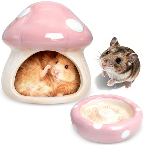 BNOSDM Ceramic Hamster Hideout and Food Bowl Set Cute Mushroom Shape Hamster House and Habitat Cool Hamsters Hide Suitable for Syrian, Mice, Dwarf Hamsters, Gerbils (Pink) - color: Pink Hideout Duo