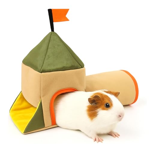 Guinea Pig Hideout and Toys, Castle Theme Small Pet Tunnel and Bed with Flag for Bunny Rabbit Ferret Hamster Chinchilla Hedgehog Hiding and Resting, 17.3in Long(Khaki)
