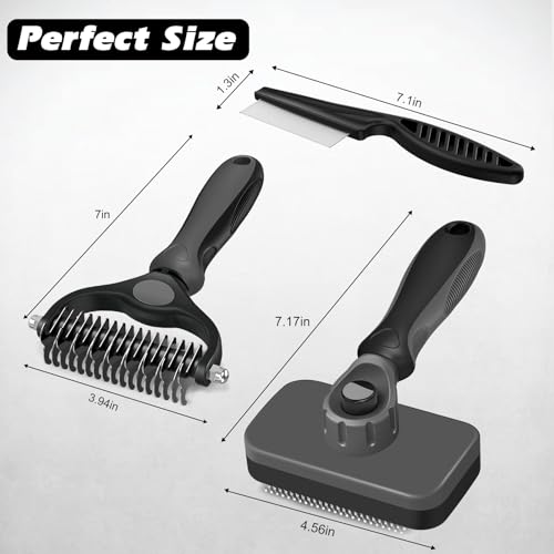 Professional 3PCS Self Cleaning Slicker Brush & Pet Grooming Rake & Flea Comb for Dogs,Cats and Horses | Double-Sided Dematting Comb & Skin Friendly Deshedding Grooming Tool | Pet Supplies (Grey) - color: Grey