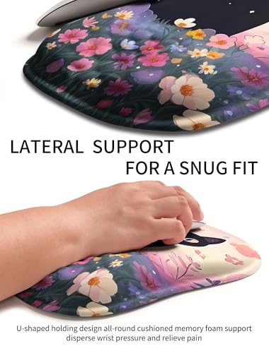 Hokafenle Ergonomic Wrist-Hugging Mouse Pad Wrist Support, U-Shaped Holding Wrist Rest Mousepad for Carpal Tunnel Pain Relief with Cushioned Memory Foam Slope Massage Bulge (10.2x8.3 in,Flower Cat) - color: Flower Cat