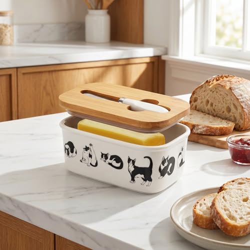 Cute Black White Cat Print Ceramic Butter Dish with Bamboo Lid & Butter Knife, Covered Butter Keeper Container Fits Standard Western Butter Stick for Kitchen Countertop Fridge Storage - color: Cute cat