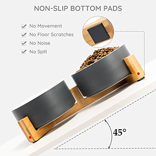 SPUNKYJUNKY Ceramic Dog and Cat Bowl Set with Wooden Stand, Modern Cute Weighted Food Water Set for Small Size Dogs (13.5OZ) & Medium Sized Dogs (28.7OZ) & Cats (3.6 Cups, 2 × White-Grey) - color: White-Grey × 2, size: 3.6 cups