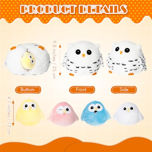 Hollowfly 5 Pcs Snowy Owls Plush Toy Gift Set 9.5" Mommy Owls with 4 Cute Pastel Babies Stuffed Animal in Zippered Butt Nurturing Plushies Toy Set for Kid Adults Birthday Party Favors Gifts - style: Colorful Owls