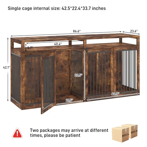 87In Extra Large Dog Crate Furniture for 2 Dogs, Farmhouse Dog Kennel Furniture, Dog Crate TV Stand with Solid Metal Tube & 4 Lockable Doors, Heavy-Duty Double Cage Dog, Rustic Brown - color: Rustic Brown
