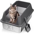 Stainless Steel Litter Box with High Sides, XL | High Sided Cat Litter Pan, Open Top Extra Large Metal Cat Litter Box, Non-Stick, Odor Free, Leakproof, Scoop Included, Gray - color: Grey