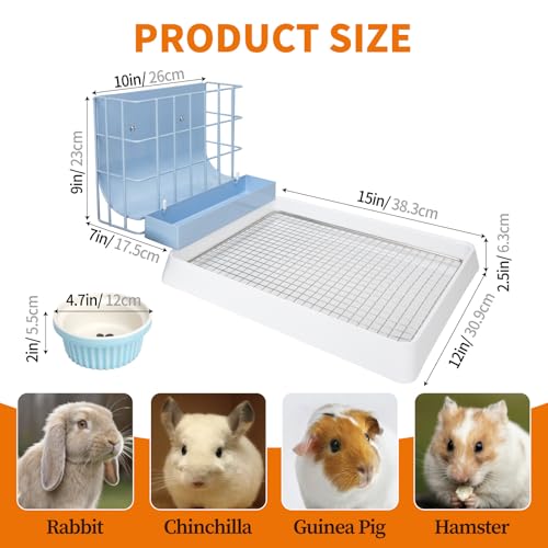 BESNEW 3 in 1 Rabbit Hay Feeder with Litter Box,Upgraded Metal Hay Rack & Litter Tray & Water Bowl,Quick Cleaning,Easy to Install,Bunny Supplies for Rabbit Guinea Pig Chinchilla Small Animals - color: Blue, size: 10in set