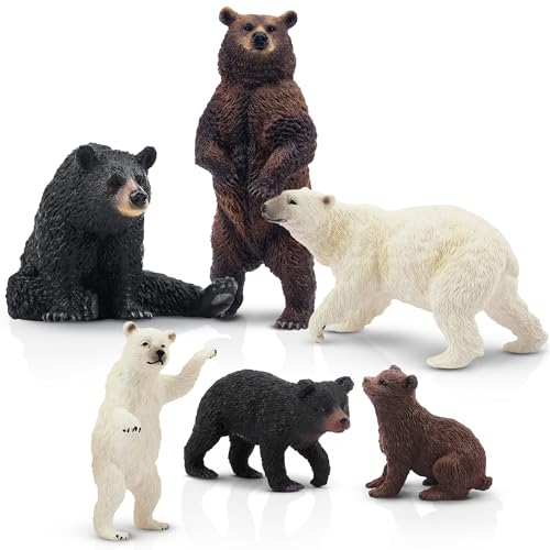Toymany 6PCS Realistic Bear Figurines Set - Plastic Bears Toy with Grizzly, Black Bear, Polar Bear and Cubs, Wild Animals Figures Education Toy Cake Toppers Christmas Birthday Gift for Kids Toddlers - style: Bears (Brown, Black, Polar)