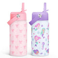 SANDJEST Kids Water Bottle with Straw Lid, Pack of 2 Insulated 12 Oz Stainless Steel Water Bottles for Girls, Travel Cup for School Sports, Bow - Mermaid - color: Bow - Mermaid (Pack 2)