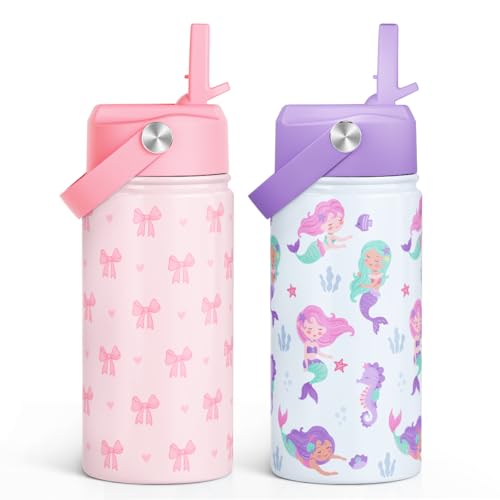 SANDJEST Kids Water Bottle with Straw Lid, Pack of 2 Insulated 12 Oz Stainless Steel Water Bottles for Girls, Travel Cup for School Sports, Bow - Mermaid - color: Bow - Mermaid (Pack 2)